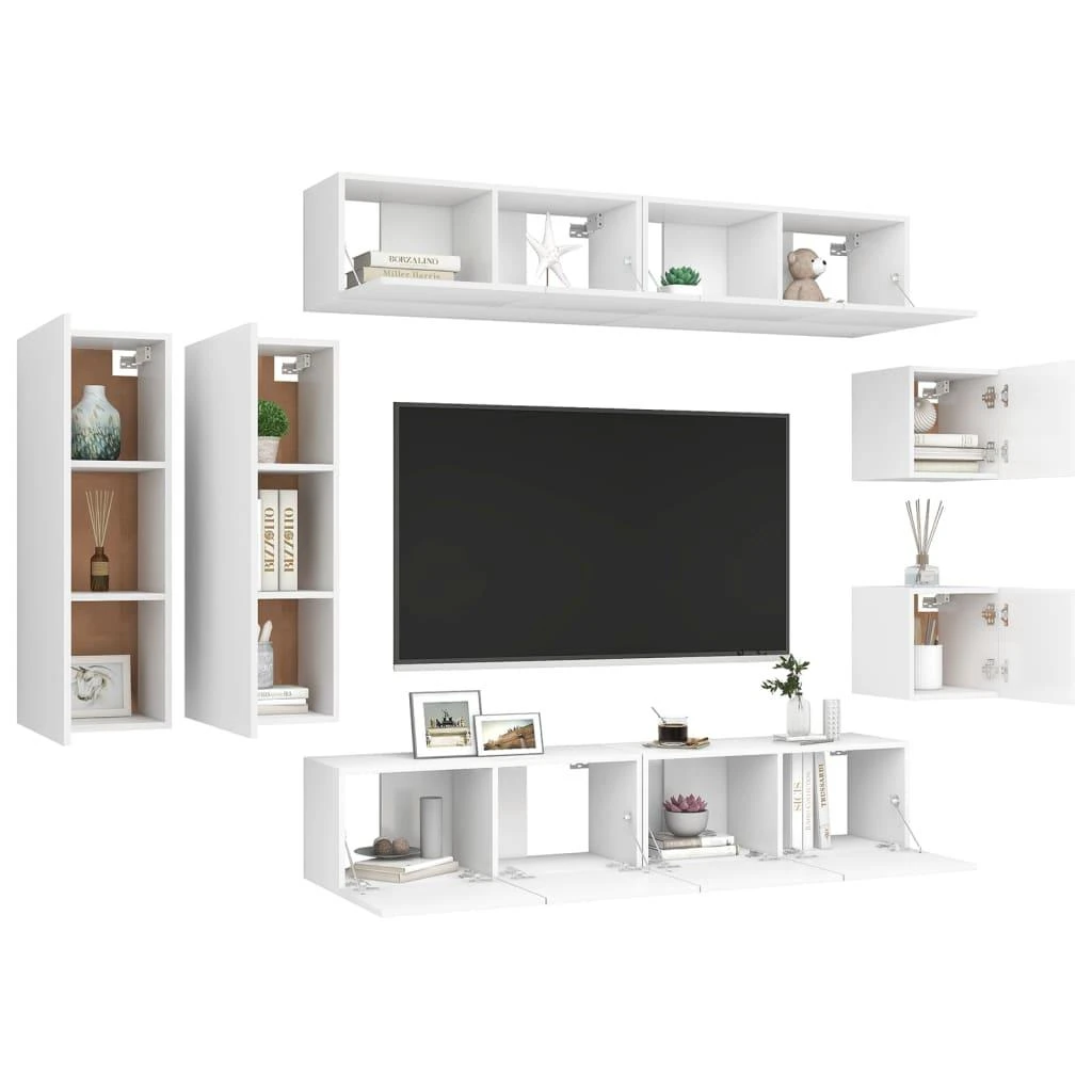 TV staliukas Televizoriaus spintelių komplektas, 8 dalių, baltas, mediena