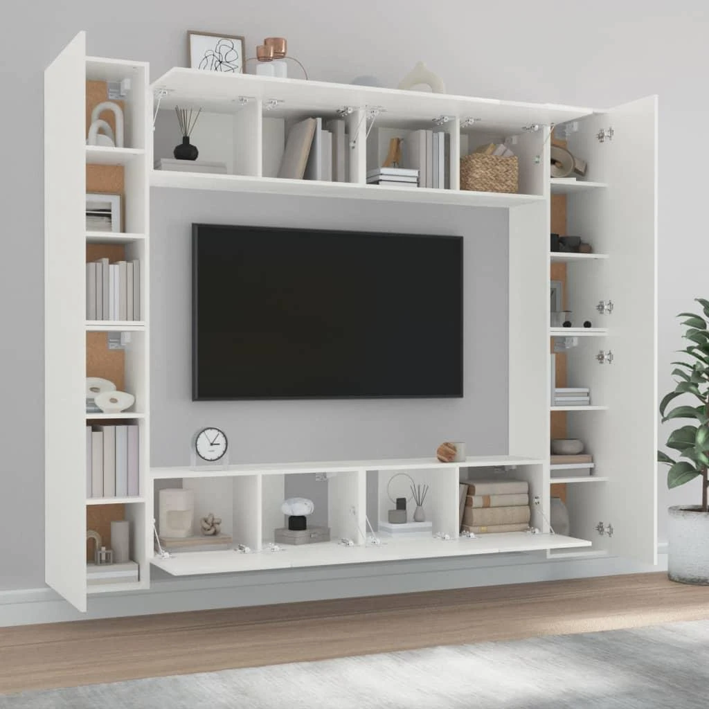 TV staliukas Televizoriaus spintelių komplektas, 8 dalių, baltas, mediena