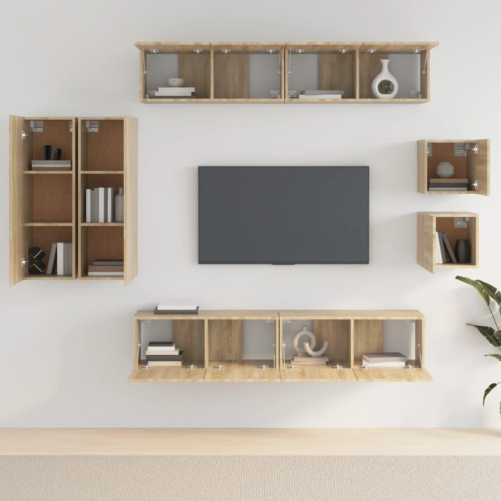 TV staliukas Televizoriaus spintelių komplektas, 8 dalių, ąžuolo, mediena