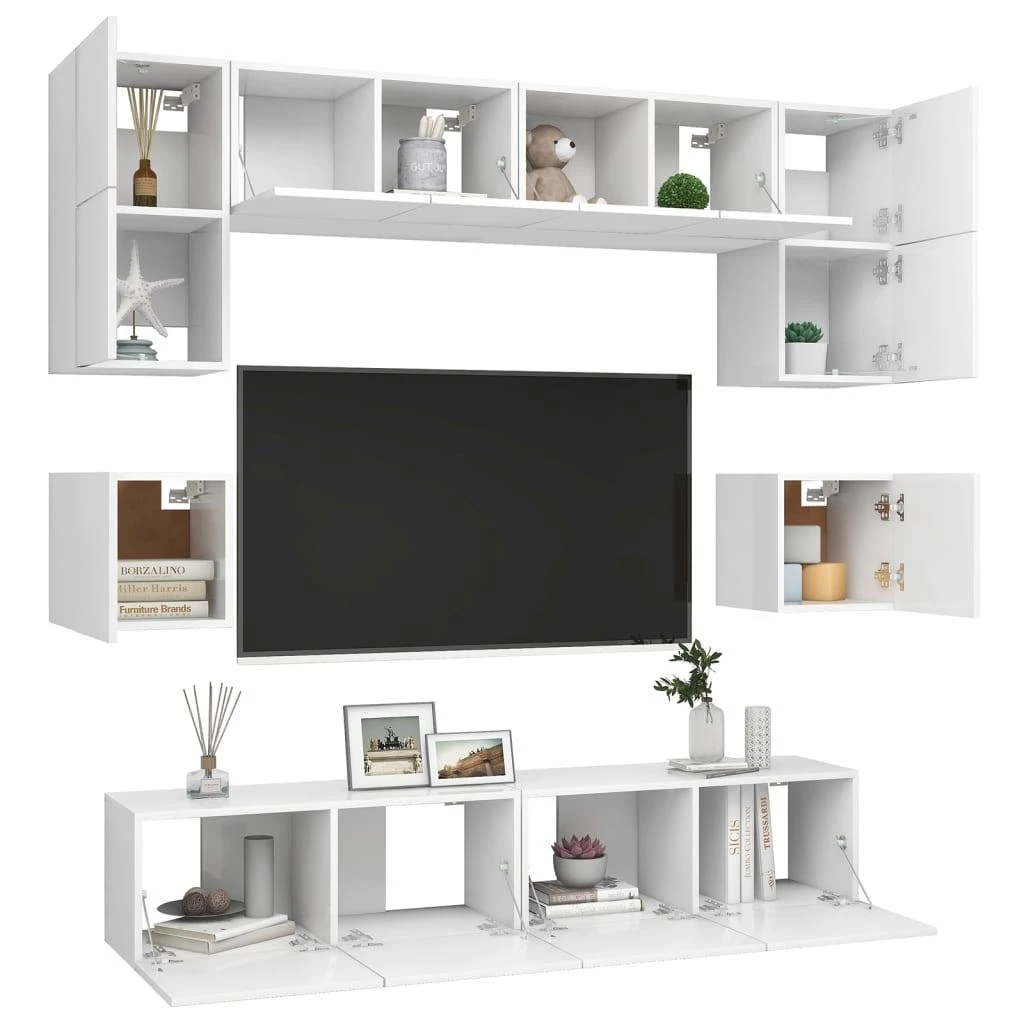 TV staliukas Televizoriaus spintelių komplektas, 8 dalių, baltas, mediena