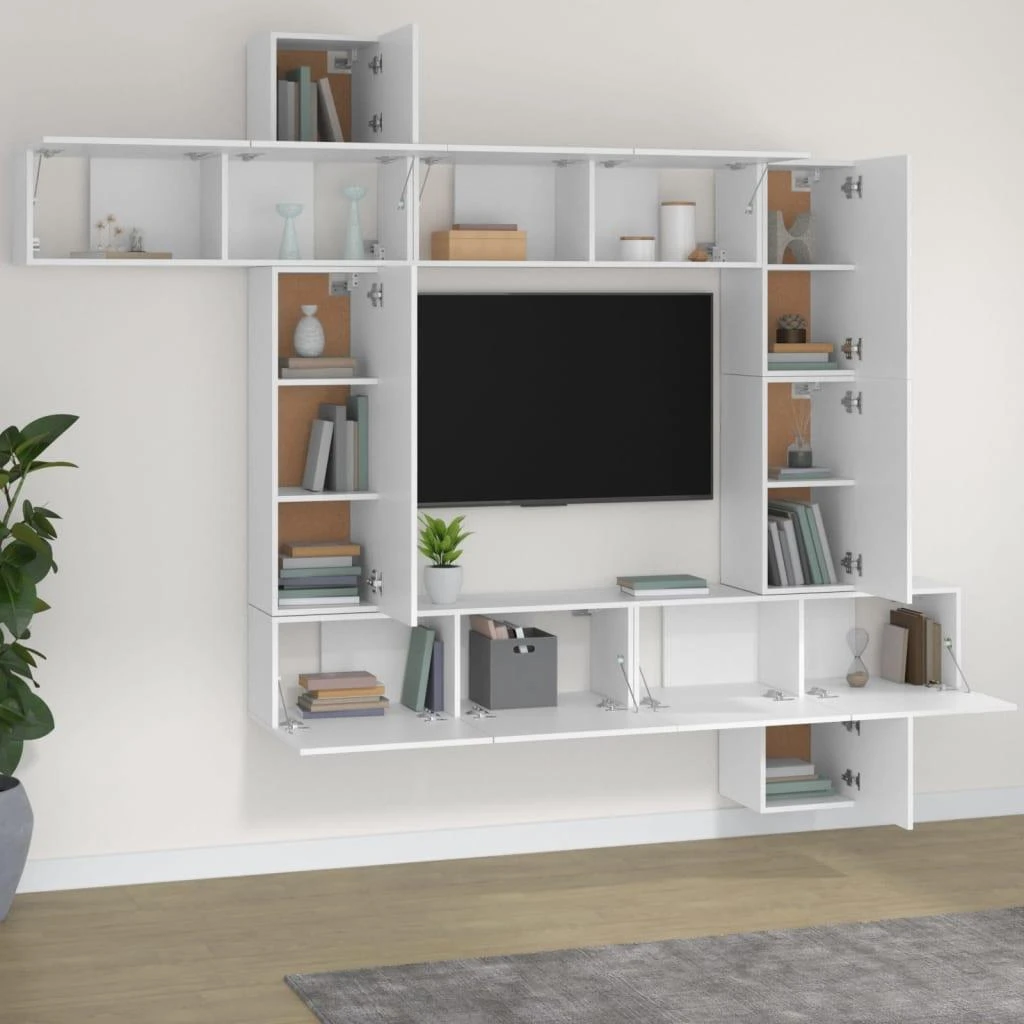 TV staliukas Televizoriaus spintelių komplektas, 9 dalių, baltas, mediena