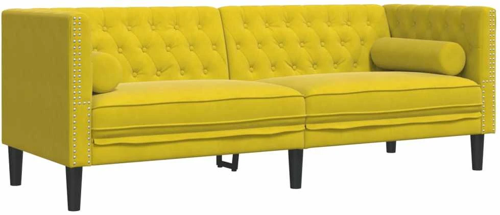 Trivietė chesterfield sofa su pagalvėlėmis, geltona, aksomas
