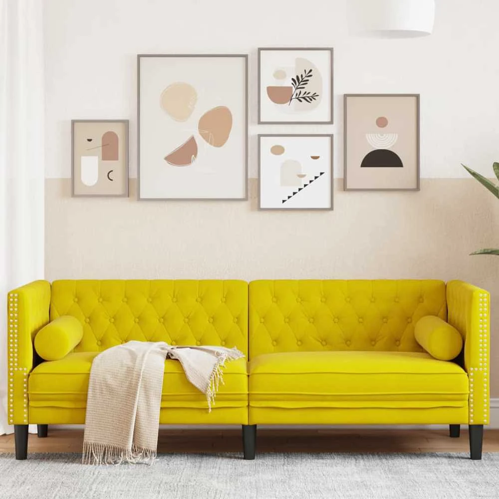 Trivietė chesterfield sofa su pagalvėlėmis, geltona, aksomas