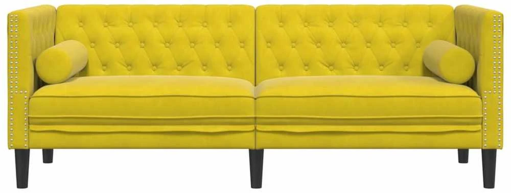 Trivietė chesterfield sofa su pagalvėlėmis, geltona, aksomas