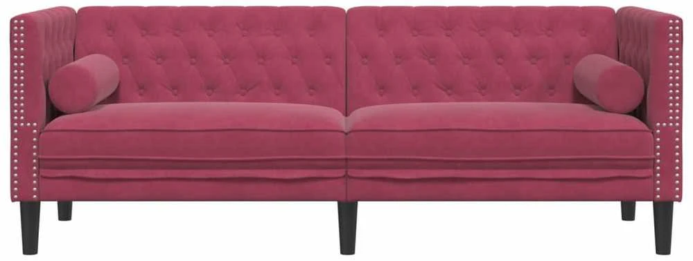 Trivietė chesterfield sofa su pagalvėlėmis, raudona, aksomas