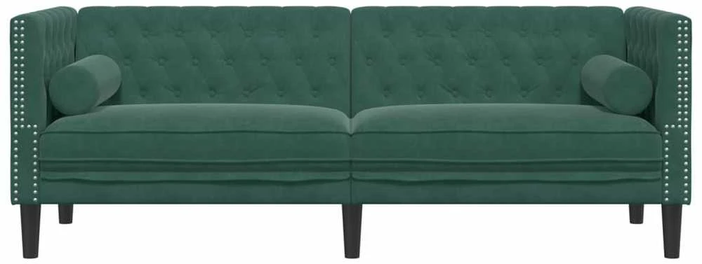 Trivietė chesterfield sofa su pagalvėlėmis, žalia, aksomas