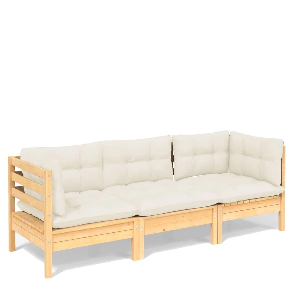 Trivietė sodo sofa su kreminėmis pagalvėlėmis, pušies masyvas