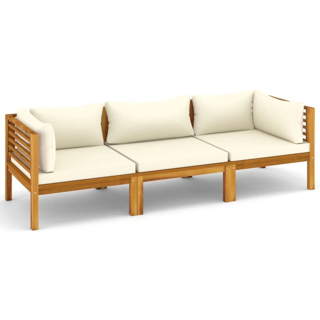 Trivietė sodo sofa su kreminėmis pagalvėlėmis, akacijos masyvas