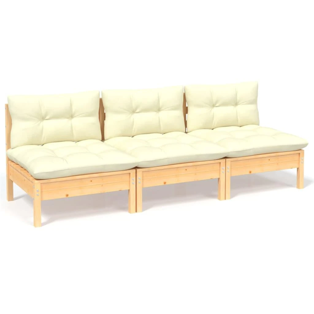 Trivietė sodo sofa su kreminėmis pagalvėlėmis, pušies masyvas
