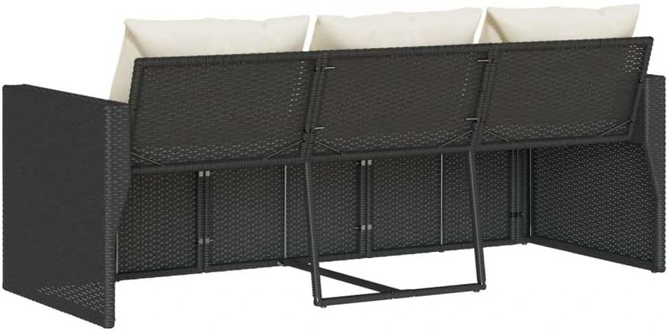 Trivietė sodo sofa su pagalvėlėmis, juodos spalvos, poliratanas