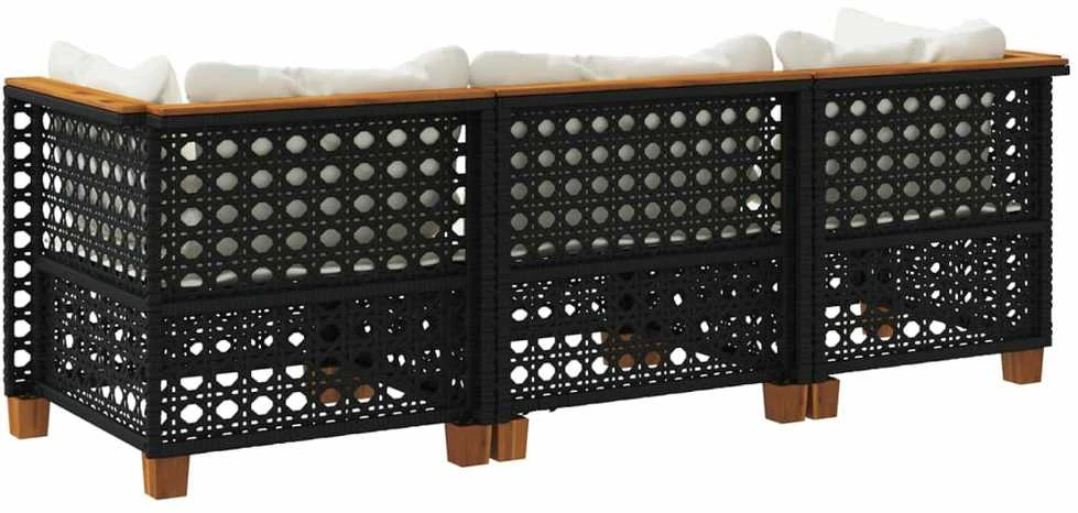 Trivietė sodo sofa su pagalvėlėmis, juodos spalvos, poliratanas