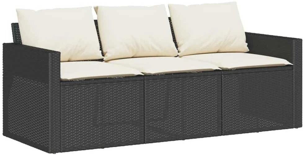 Trivietė sodo sofa su pagalvėlėmis, juodos spalvos, poliratanas