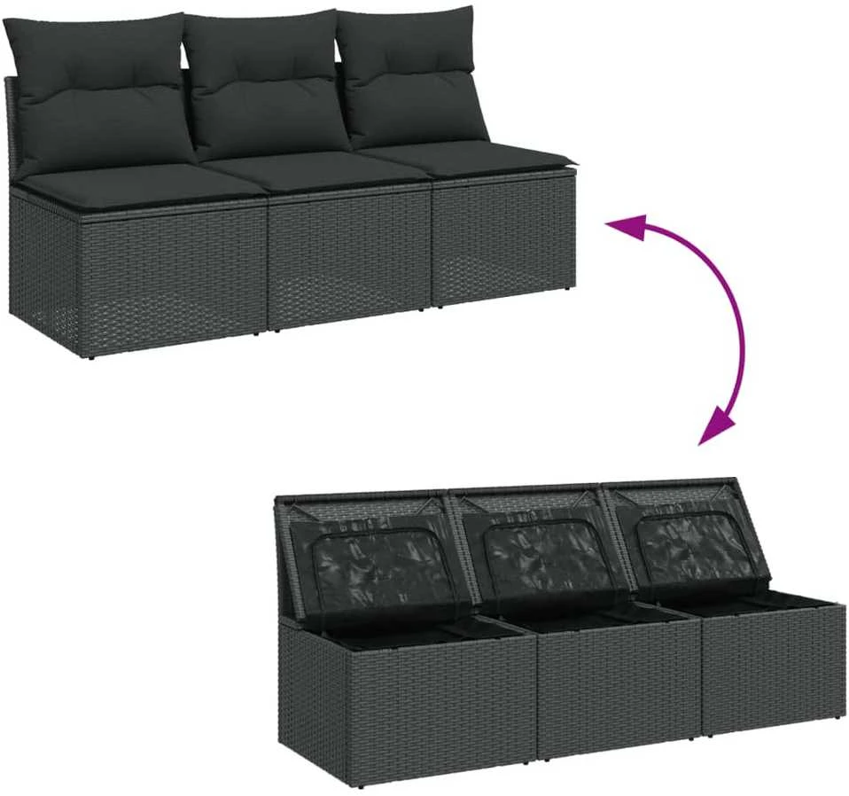 Trivietė sodo sofa su pagalvėlėmis, juodos spalvos, poliratanas