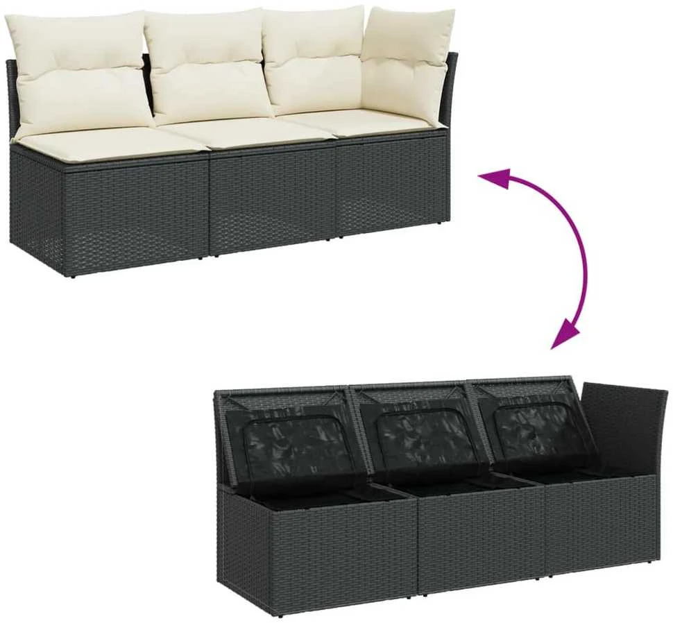Trivietė sodo sofa su pagalvėlėmis, juodos spalvos, poliratanas