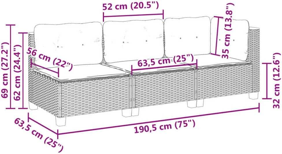 Trivietė sodo sofa su pagalvėlėmis, juodos spalvos, poliratanas