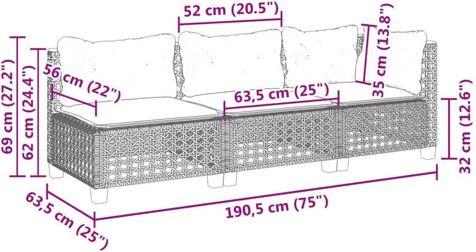 Trivietė sodo sofa su pagalvėlėmis, pilkos spalvos, poliratanas