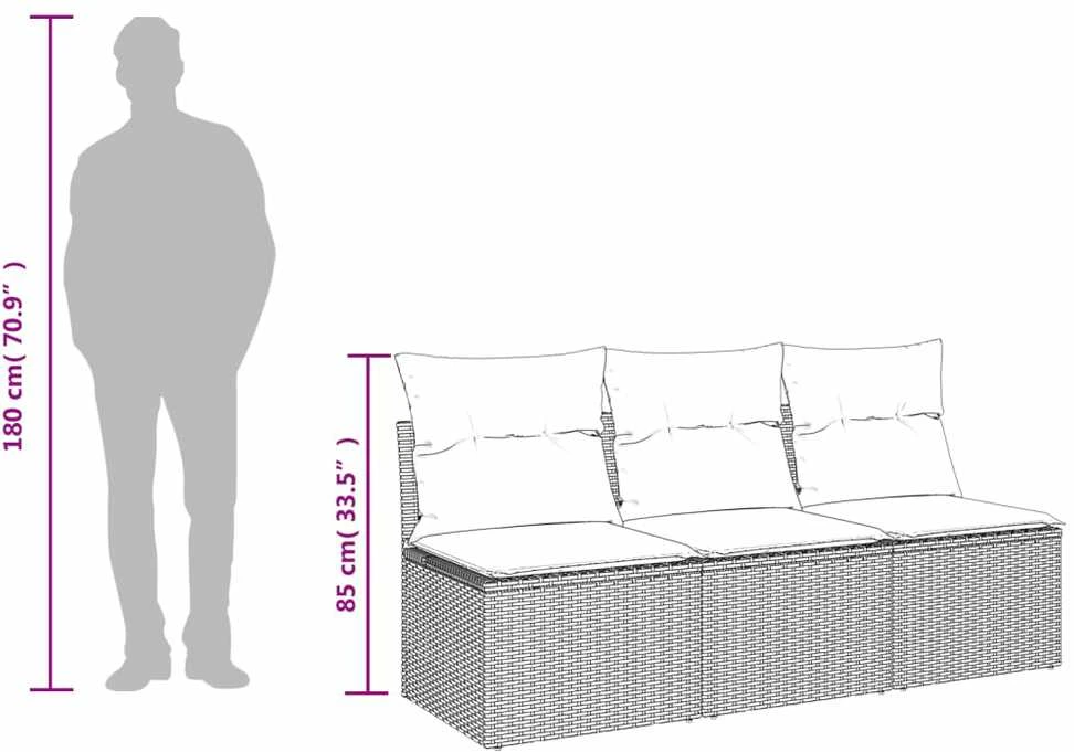 Trivietė sodo sofa su pagalvėlėmis, pilkos spalvos, poliratanas