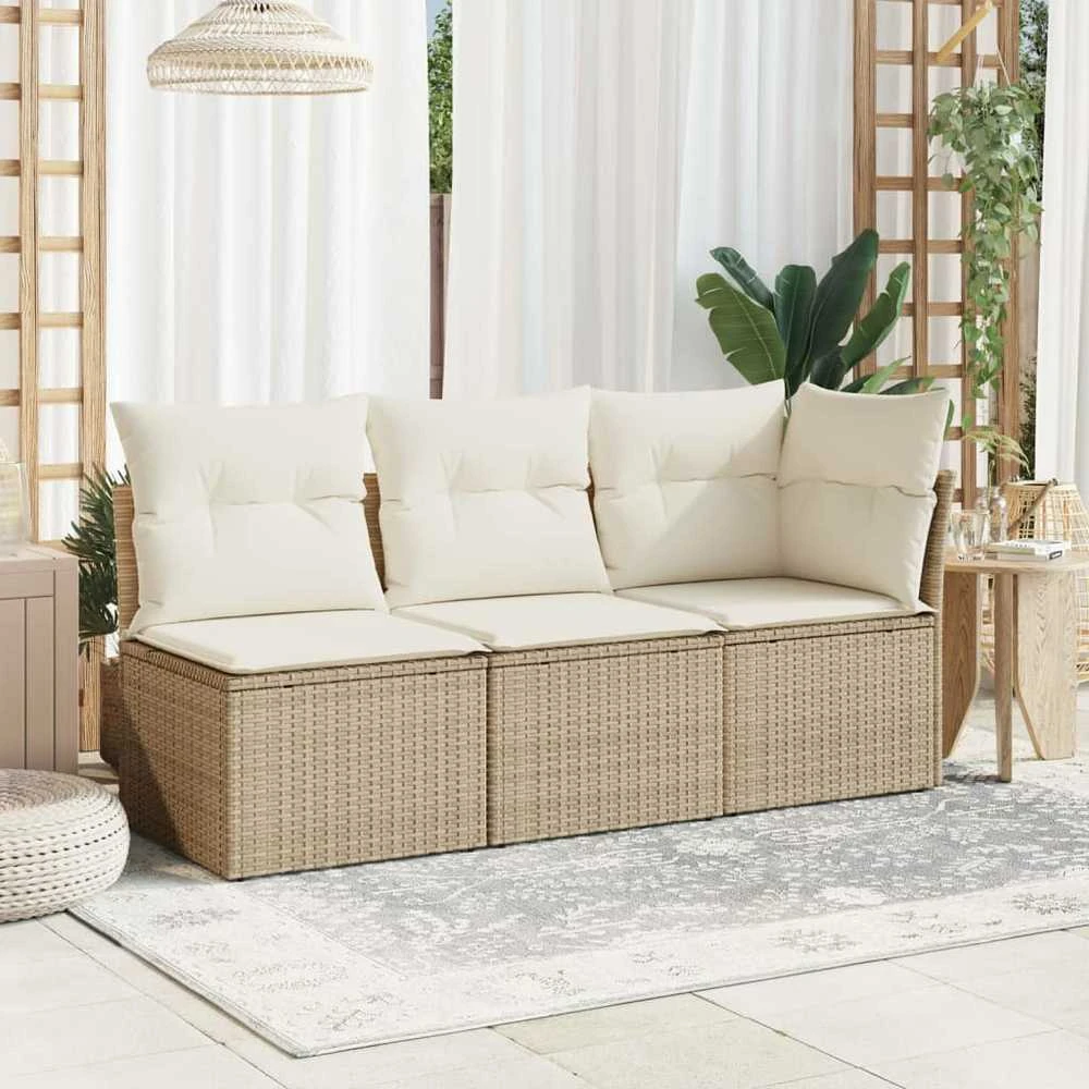 Trivietė sodo sofa su pagalvėlėmis, smėlio spalvos, poliratanas