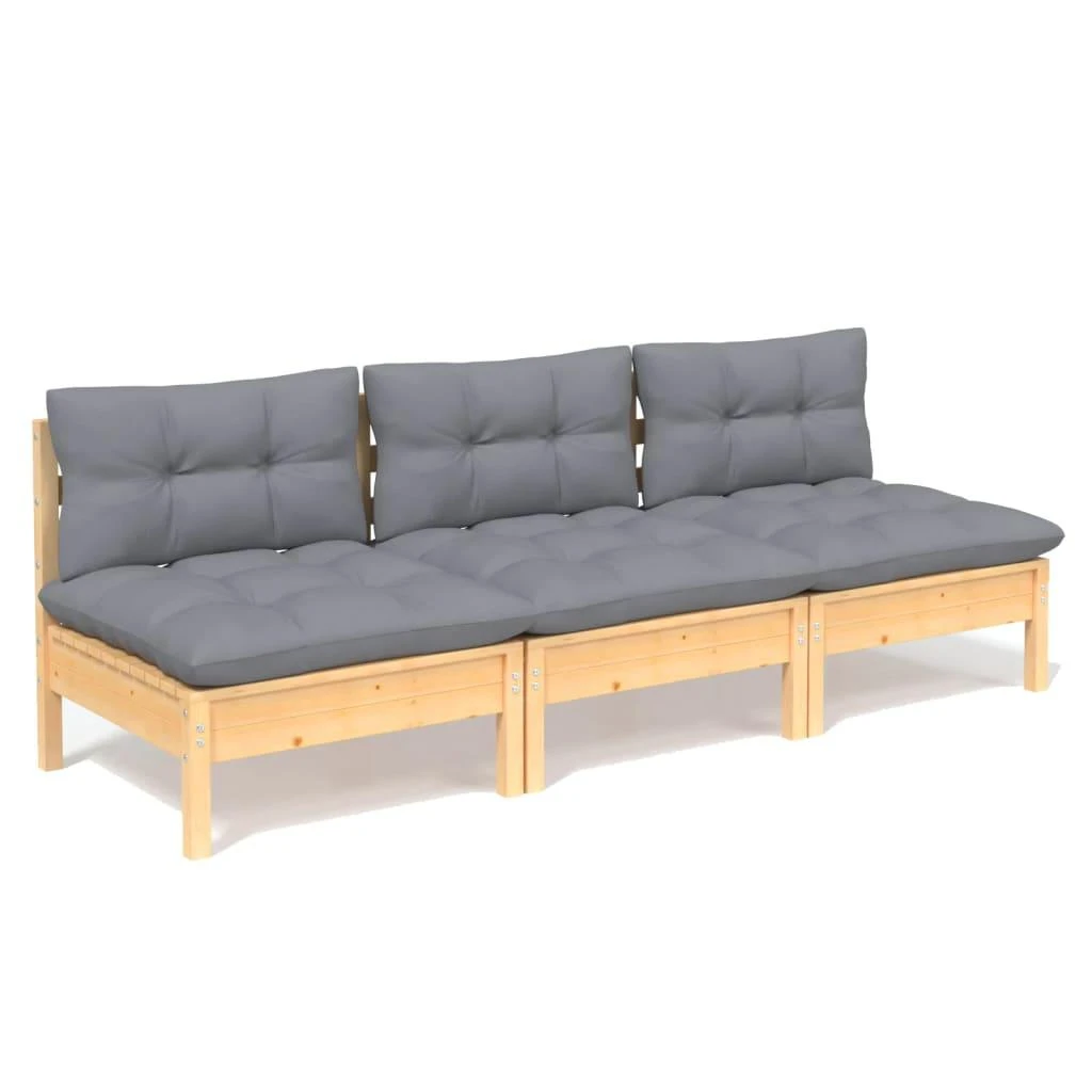 Trivietė sodo sofa su pilkomis pagalvėlėmis, pušies masyvas