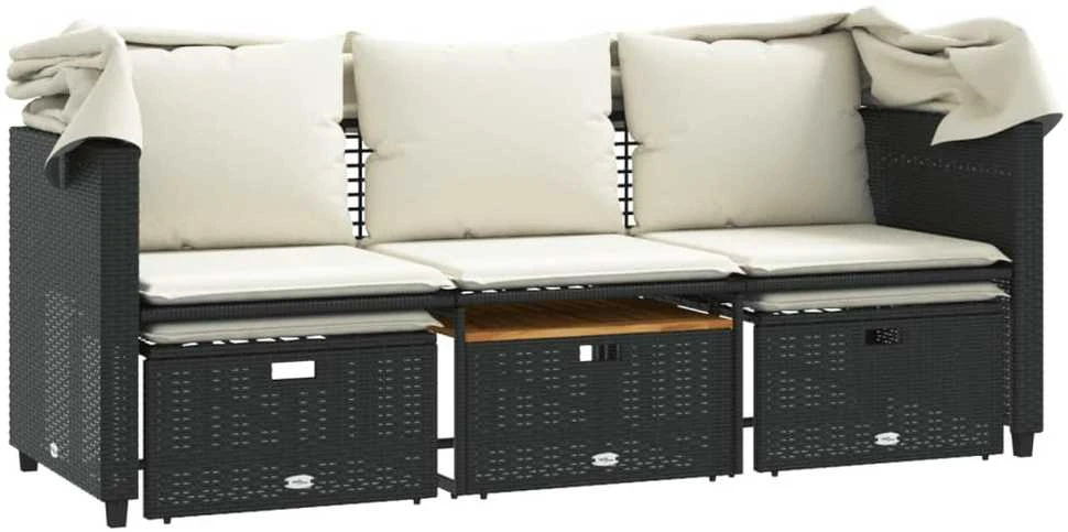 Trivietė sodo sofa su skliautu/taburetėmis, juoda, poliratanas