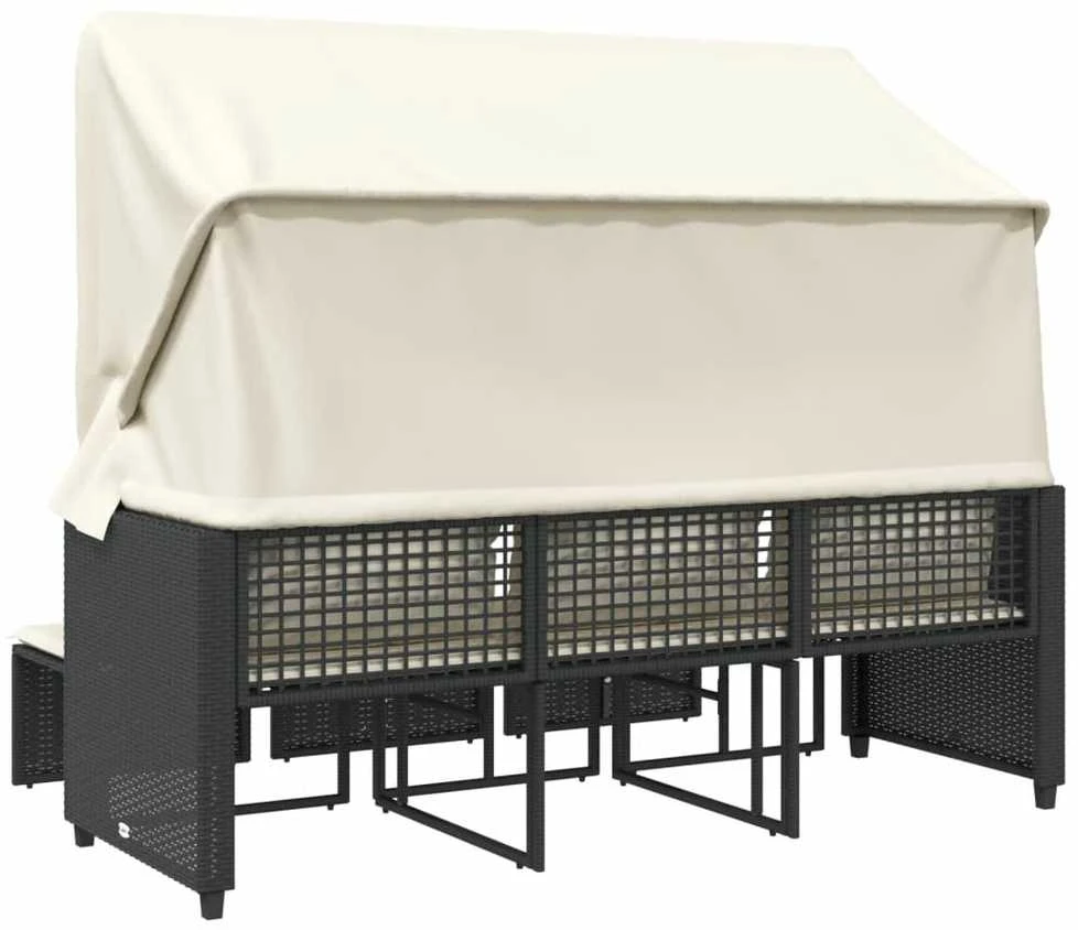 Trivietė sodo sofa su skliautu/taburetėmis, juoda, poliratanas