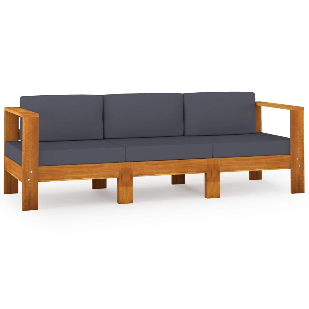 Trivietė sodo sofa su tamsiai pilkomis pagalvėmis, akacija