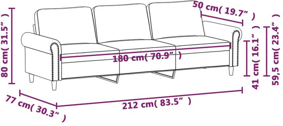 Trivietė sofa, rožinės spalvos, 180cm, aksomas