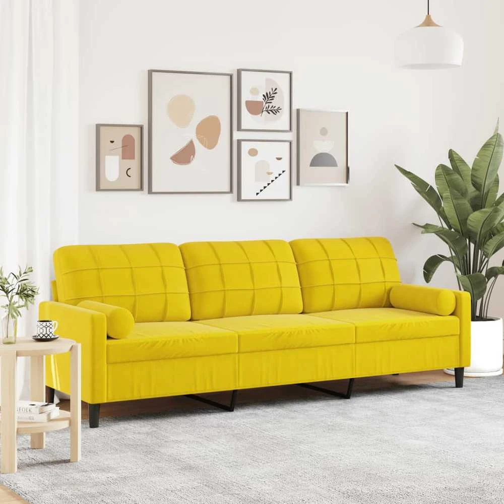Trivietė sofa su pagalvėlėmis, geltonos spalvos, 210cm, aksomas