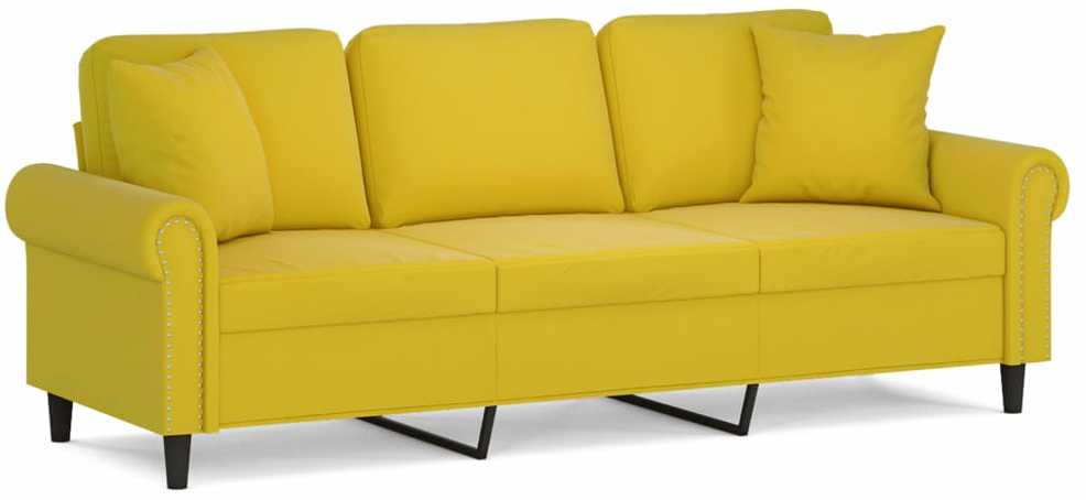 Trivietė sofa su pagalvėlėmis, geltonos spalvos, 180cm, aksomas