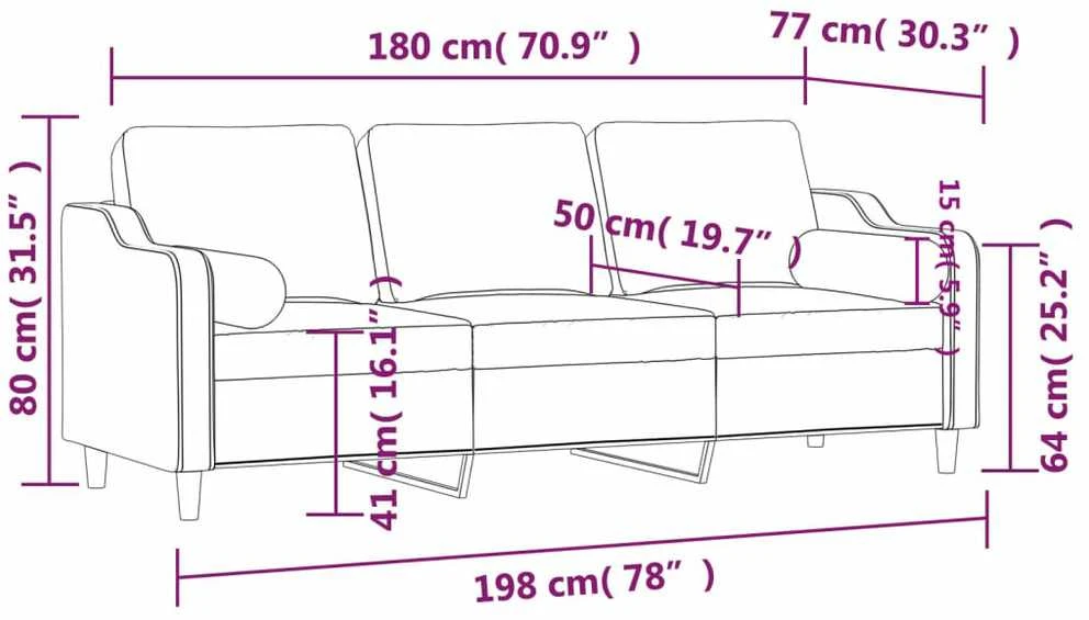 Trivietė sofa su pagalvėlėmis, juodos spalvos, 180cm, audinys