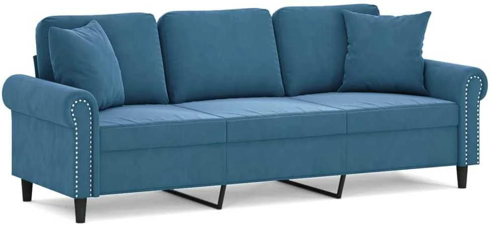 Trivietė sofa su pagalvėlėmis, mėlynos spalvos, 180cm, aksomas