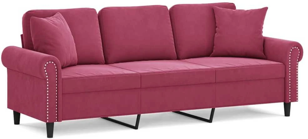 Trivietė sofa su pagalvėlėmis, raudonojo vyno, 180cm, aksomas