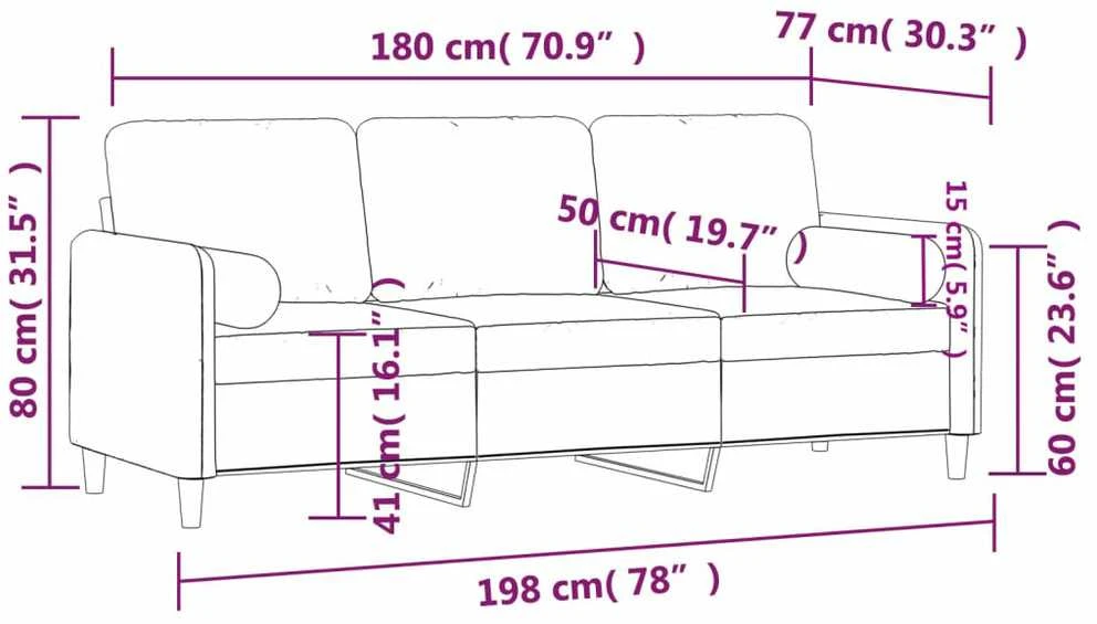 Trivietė sofa su pagalvėlėmis, raudonojo vyno, 180cm, aksomas