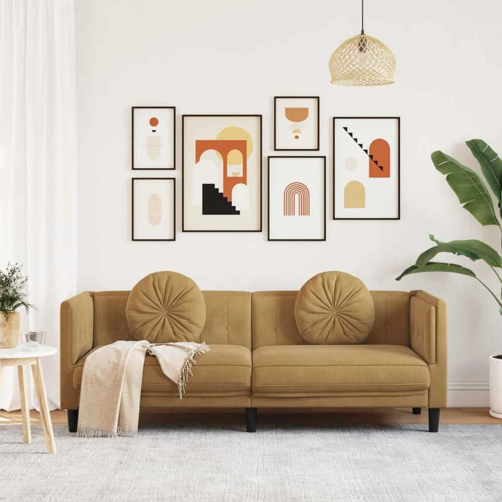 Trivietė sofa su pagalvėlėmis, rudos spalvos, aksomas