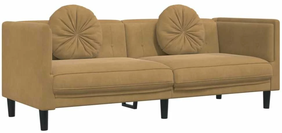Trivietė sofa su pagalvėlėmis, rudos spalvos, aksomas