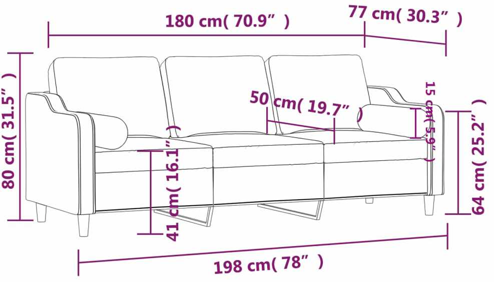 Trivietė sofa su pagalvėlėmis, rudos spalvos, 180cm, audinys