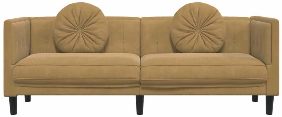 Trivietė sofa su pagalvėlėmis, rudos spalvos, aksomas