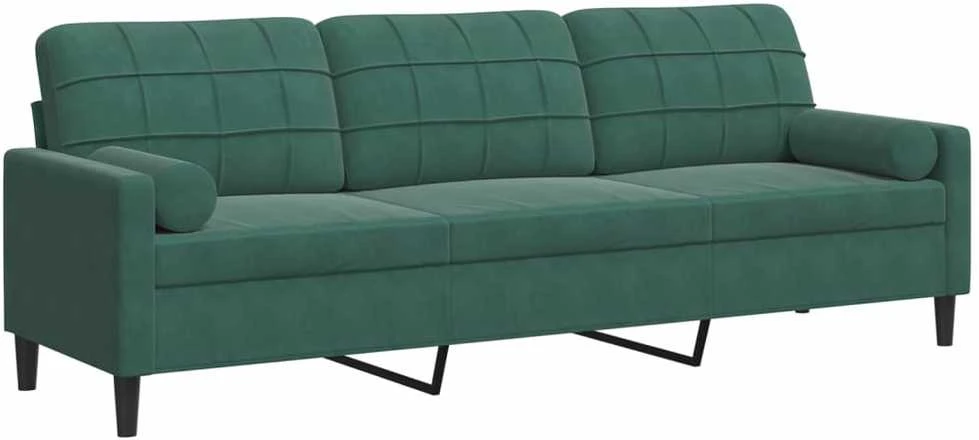 Trivietė sofa su pagalvėlėmis, tamsiai žalia, 210cm, aksomas