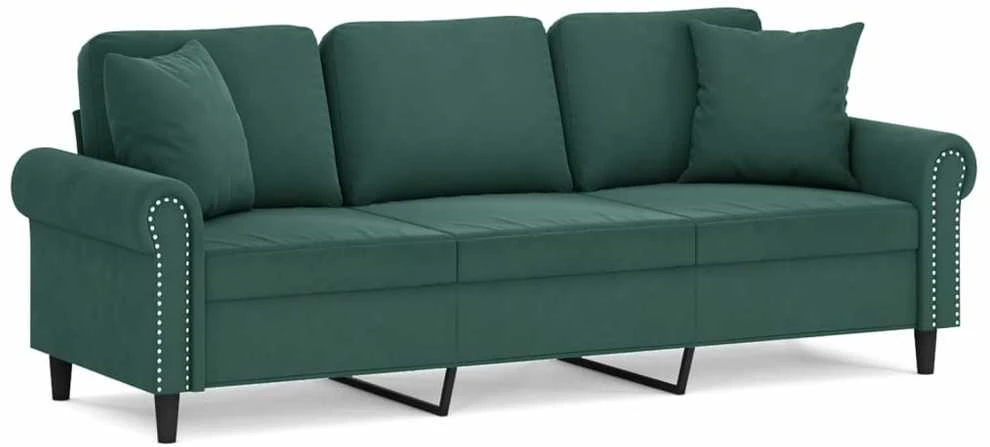 Trivietė sofa su pagalvėlėmis, tamsiai žalia, 180cm, aksomas