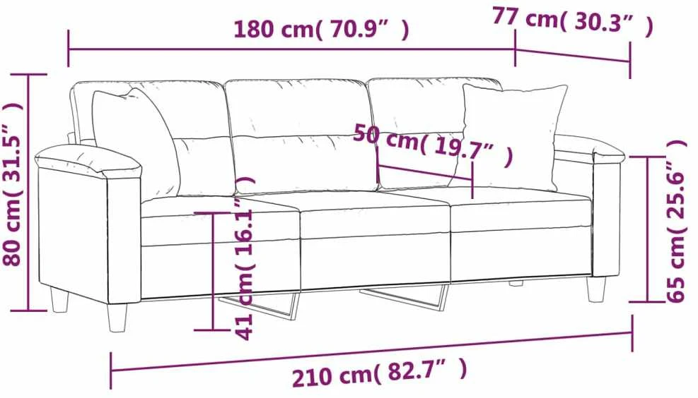 Trivietė sofa su pagalvėmis, juoda, 180cm, mikropluošto audinys
