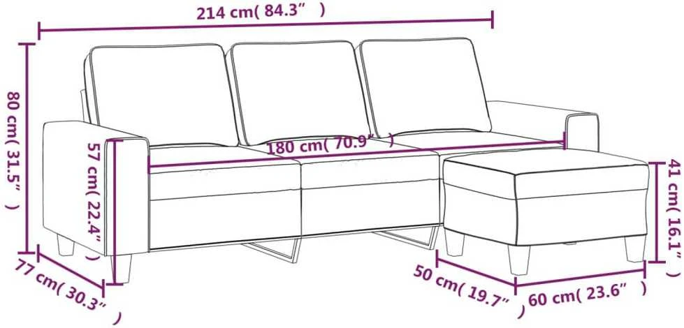 Trivietė sofa su pakoja, juodos spalvos, 180cm, audinys
