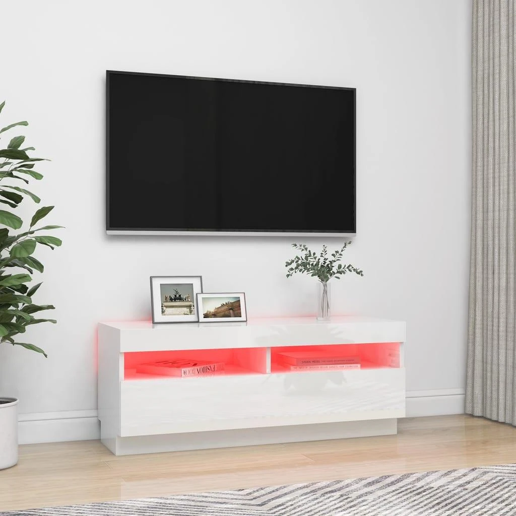 TV staliukas TV spintelė su LED apšvietimu, balta, 100x35x40cm, blizgi