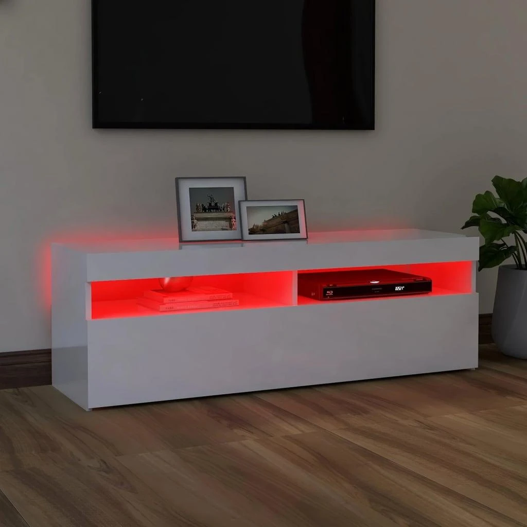 TV staliukas TV spintelė su LED apšvietimu, balta, 120x35x40cm, blizgi