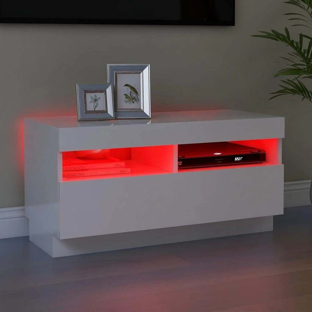 TV staliukas TV spintelė su LED apšvietimu, balta, 80x35x40cm, blizgi