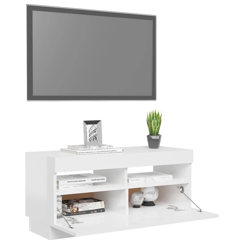 TV staliukas TV spintelė su LED apšvietimu, balta, 80x35x40cm, blizgi