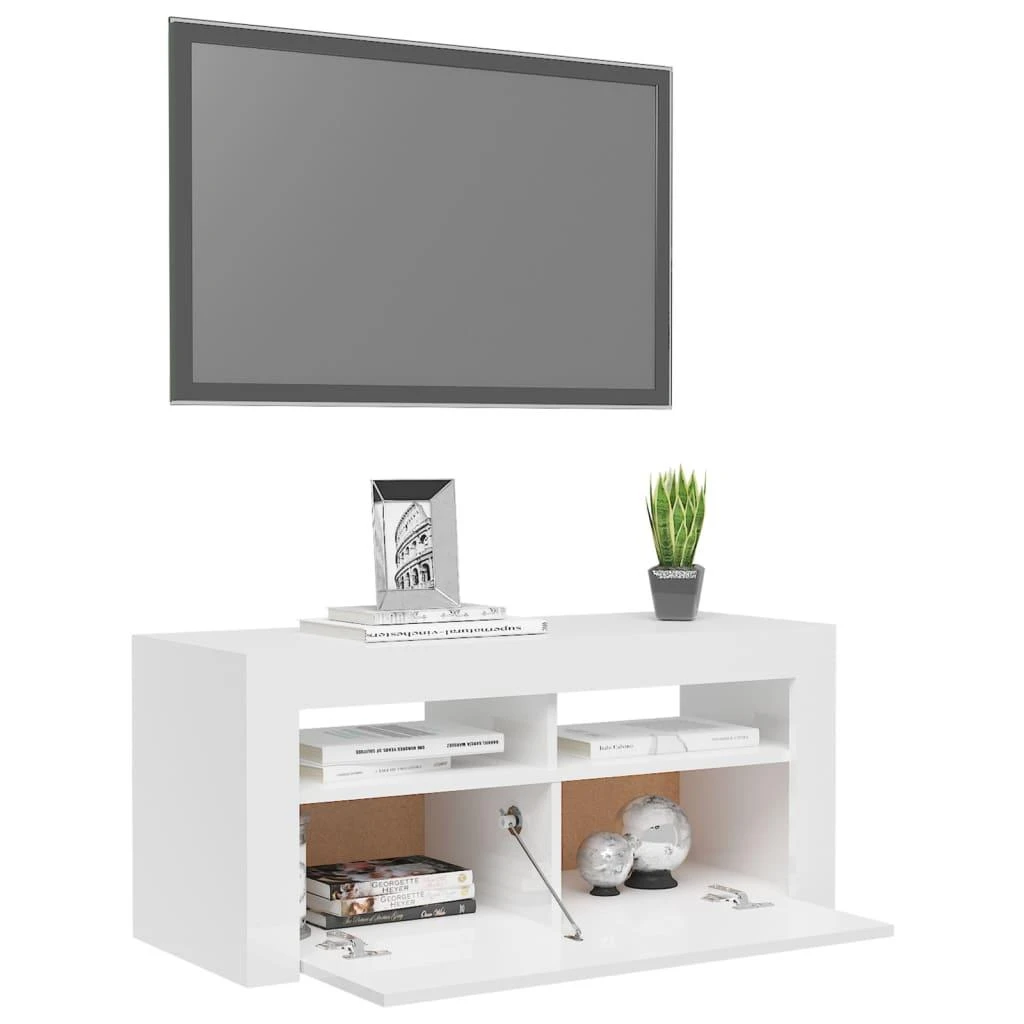 TV staliukas TV spintelė su LED apšvietimu, balta, 90x35x40cm, blizgi