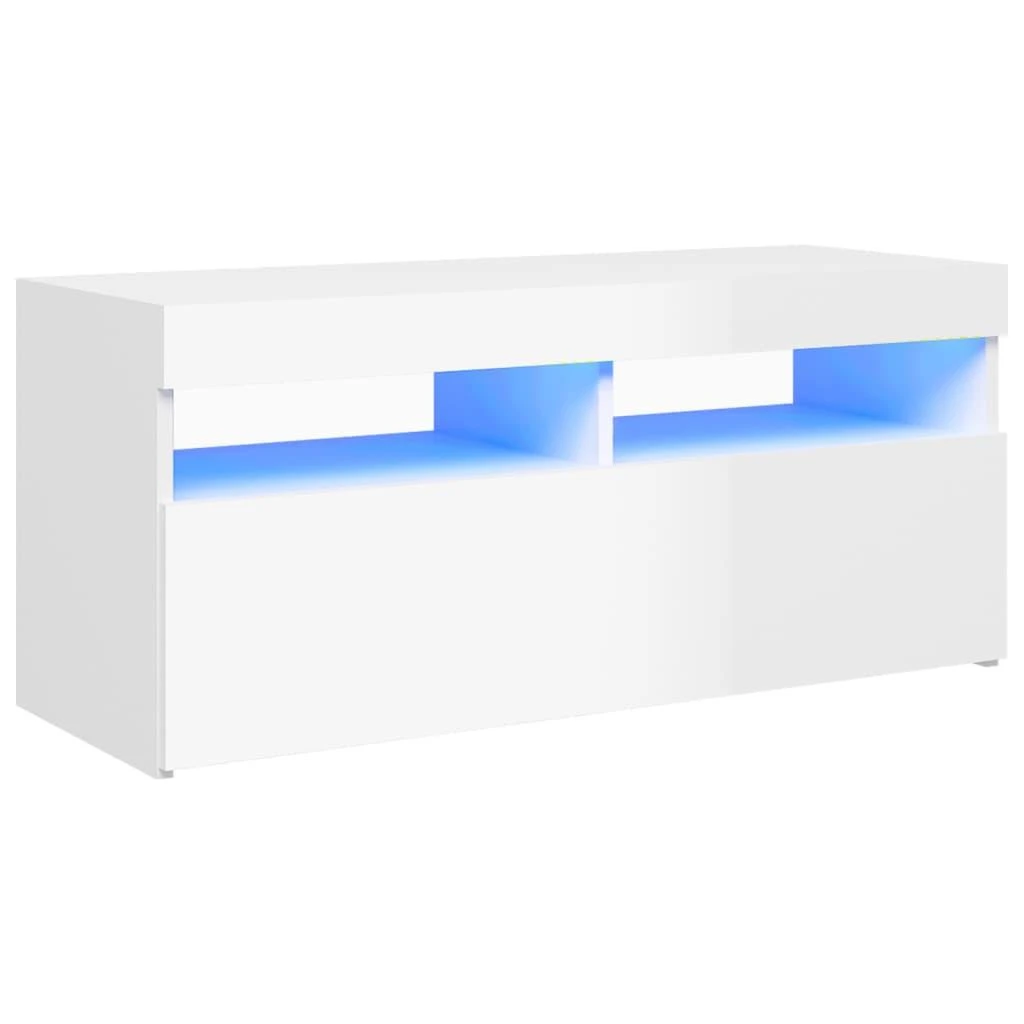 TV staliukas TV spintelė su LED apšvietimu, balta, 90x35x40cm, blizgi