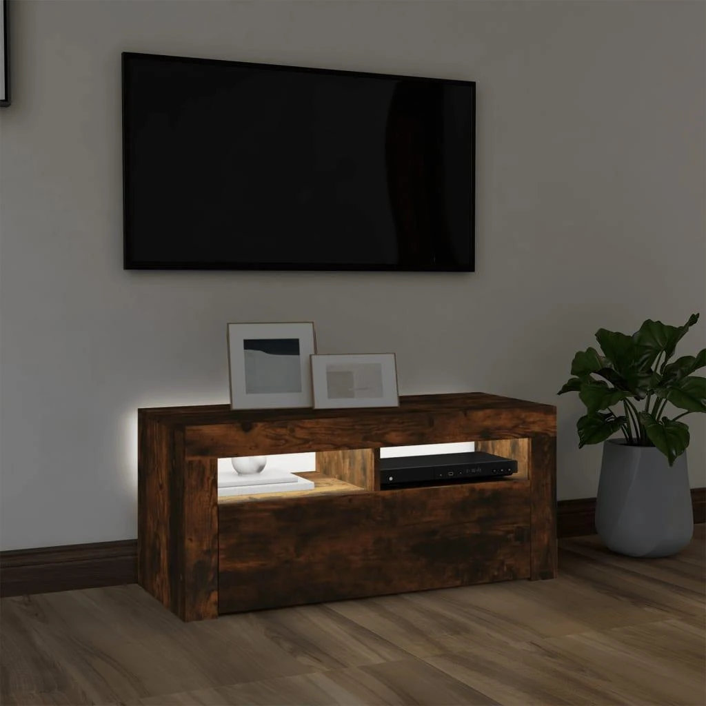 TV staliukas TV spintelė su LED apšvietimu, dūminio ąžuolo, 90x35x40cm