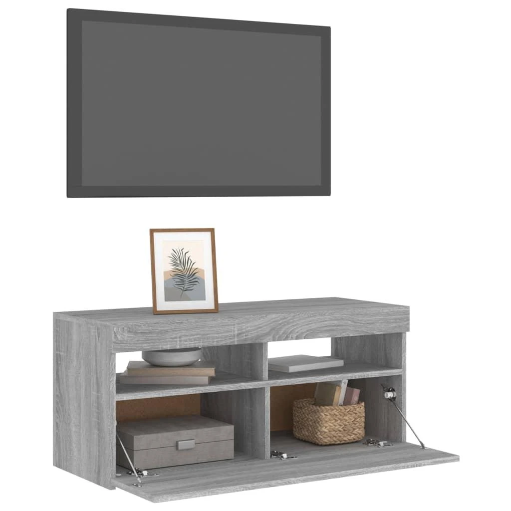 TV staliukas TV spintelė su LED apšvietimu, pilka ąžuolo, 90x35x40cm