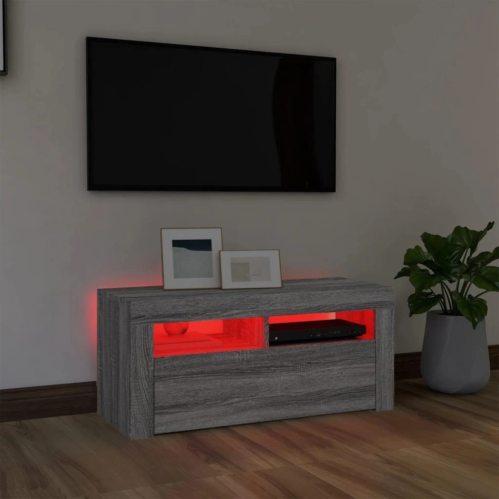 TV staliukas TV spintelė su LED apšvietimu, pilka ąžuolo, 90x35x40cm